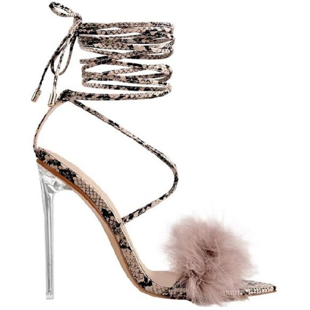 💋RESERVED: MissHeel FLUFFY ANKLE STRAP GLADIATOR CLEAR STILETTO HEELS!